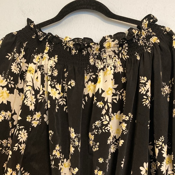 Wayf Womens Size S Black Yellow Floral Off Shoulder Smocked Bodysuit Long Sleeve - Picture 3 of 15